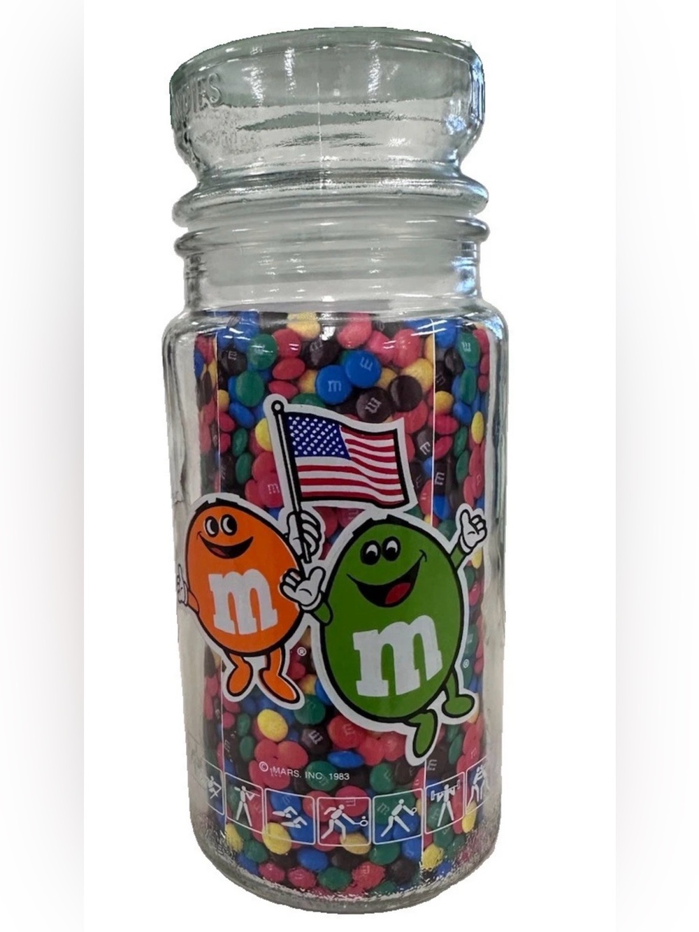 Vintage M&M's Mars 1984 Los Angeles LA Olympic Games Glass Candy Jar 7.75" w Lid